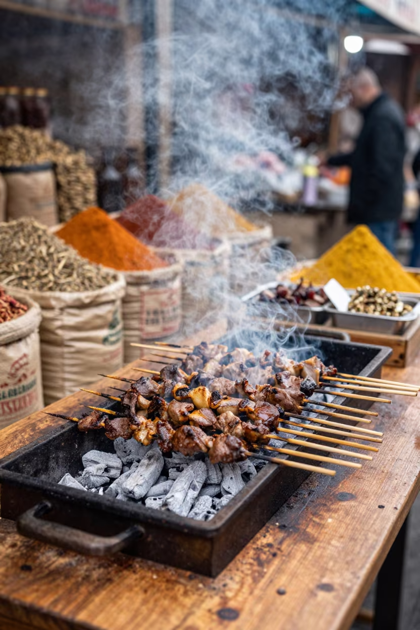 Smoking Satay Skewers at Kuwait City Spice Market in at a spice vendor's table in Kuwait City