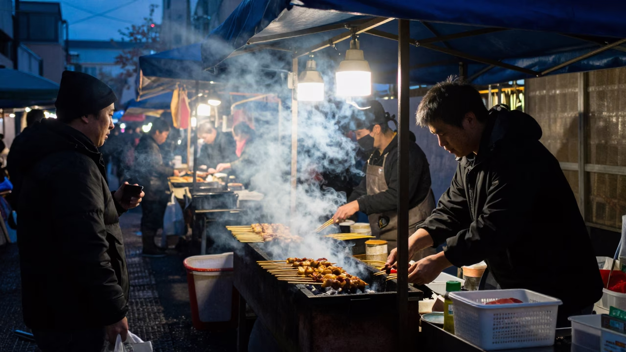 Smoking Satay Skewers at Osaka Market in under a market canopy in Osaka