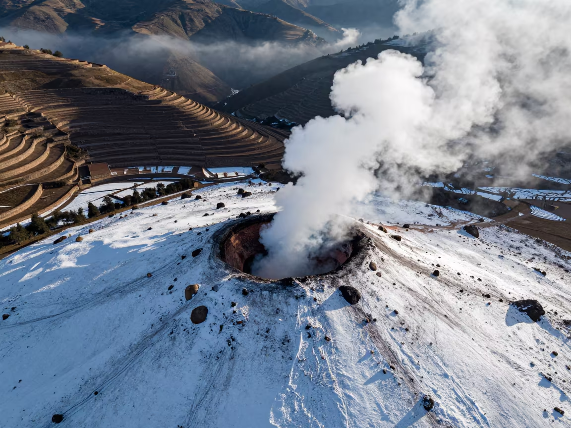 Smoking Volcanic Vent in Snowfield Above Cusco in far above terraced hillsides near Cusco