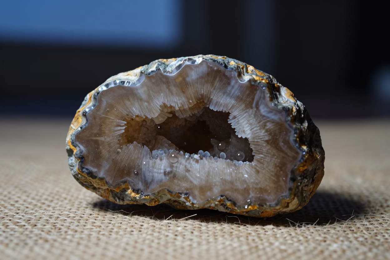 Smoky Quartz Geode Cross Section Linen in against woven linen fibers near Bhopal