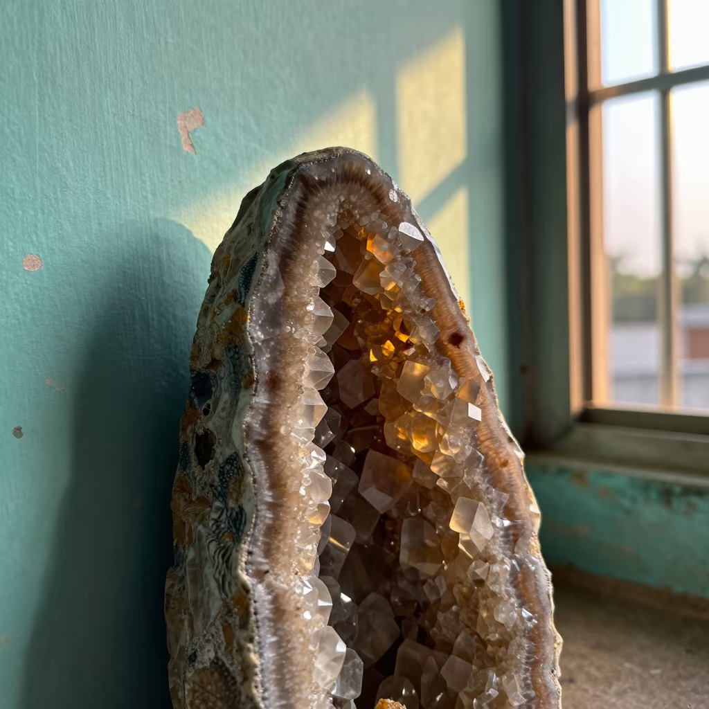 Smoky Quartz Geode Cross Section Sunset Light in against weathered turquoise paint in Bangalore