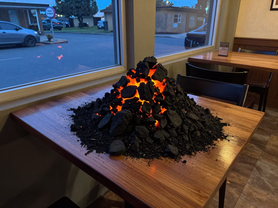 Smoldering Slag Heap on Cafe Table Lagos Dawn in on a cafe table by a window near Ikoyi, Lagos