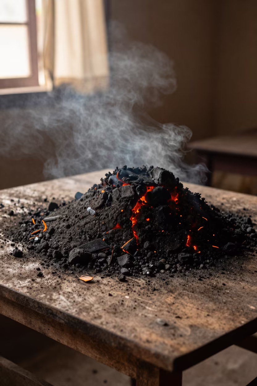 Smoldering Slag Heap at Dawn on Dusty Table in on a dusty library table in Villahermosa