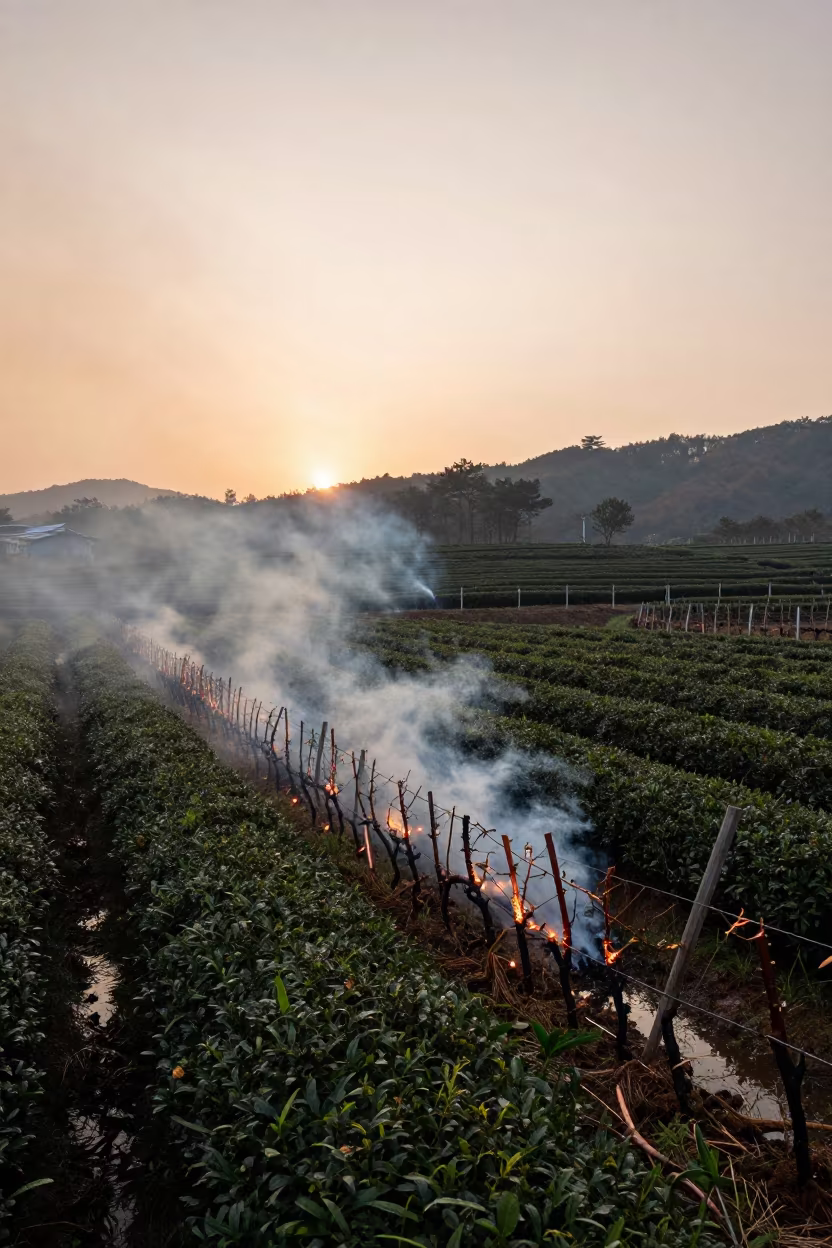 Smoldering Vineyard Cane Pile at Tea Plantation Edge in at the edge of a tea plantation in Huinnyeoul, Busan