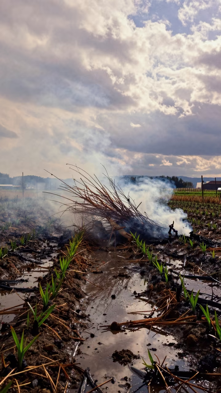 Smoldering Vineyard Pile After Rain in Osaka Field in across a harvested grain field near Amerikamura, Osaka