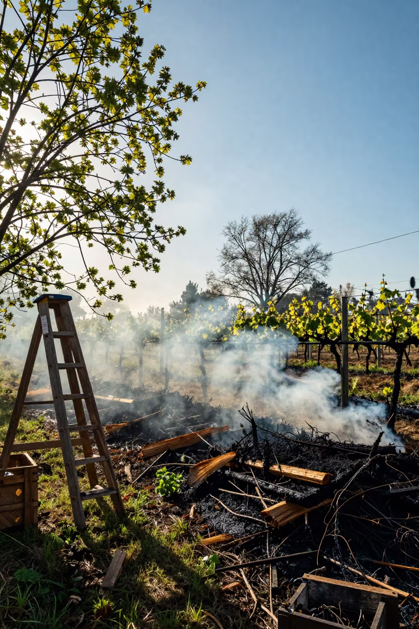 Smoldering Vineyard Pruning Piles After Rain in among orchard ladders and crates in Oregon