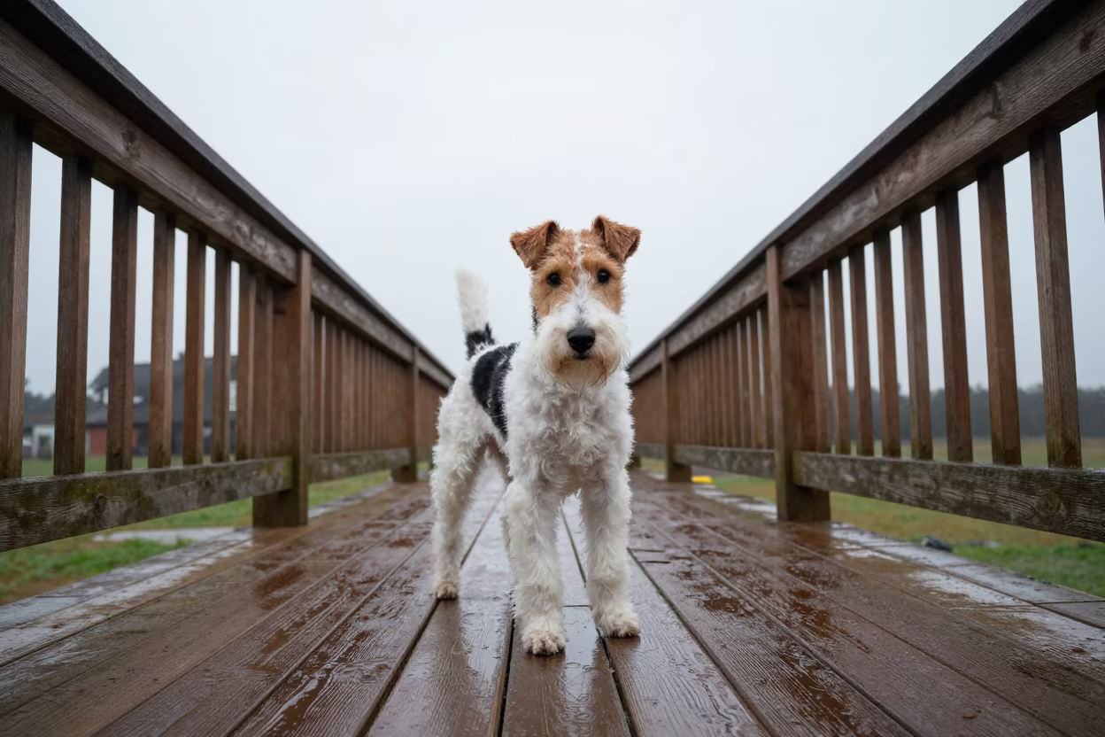 Smooth Fox Terrier on Shaded Makurdi Porch in on a shaded front porch with boards, railings, and eye-level framing near Makurdi