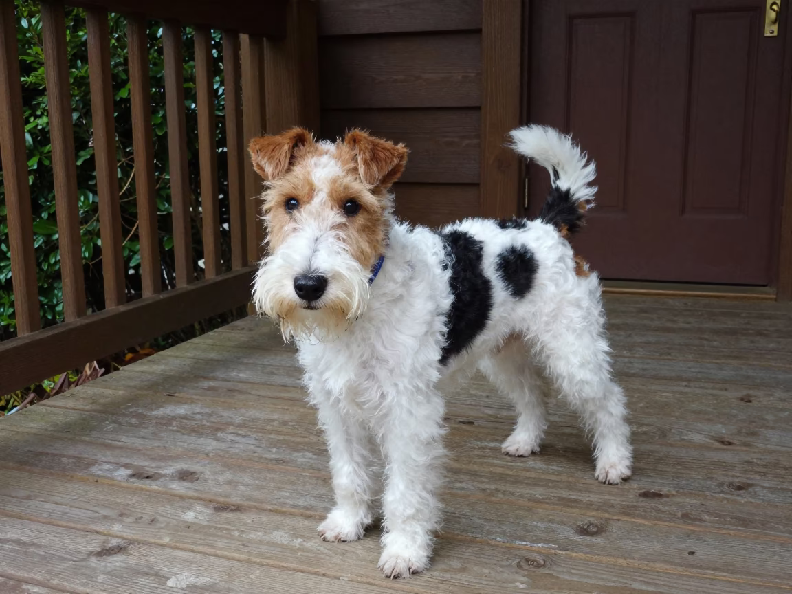 Smooth Fox Terrier on Shaded Porch Near Changchun in on a shaded front porch with boards, railings, and eye-level framing near Changchun