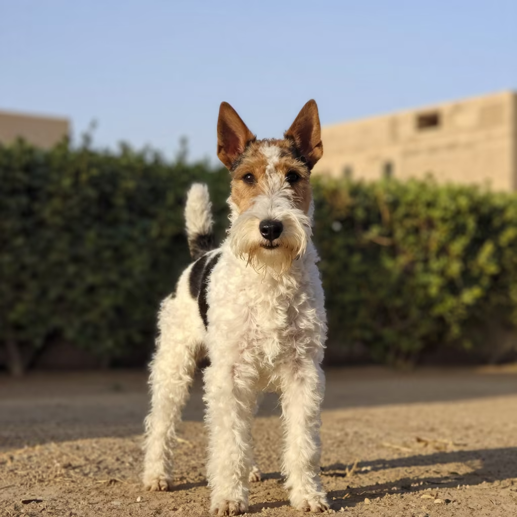 Smooth Fox Terrier Portrait in Cairo Garden Light in near a garden edge with soft morning light and an uncluttered background in Cairo