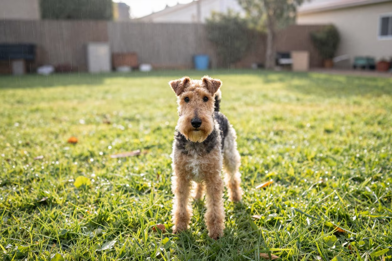 Smooth Fox Terrier Portrait in Winter Yard Light in in a small yard with clipped grass, calm light, and the animal centered in frame in Shibin Al Kawm