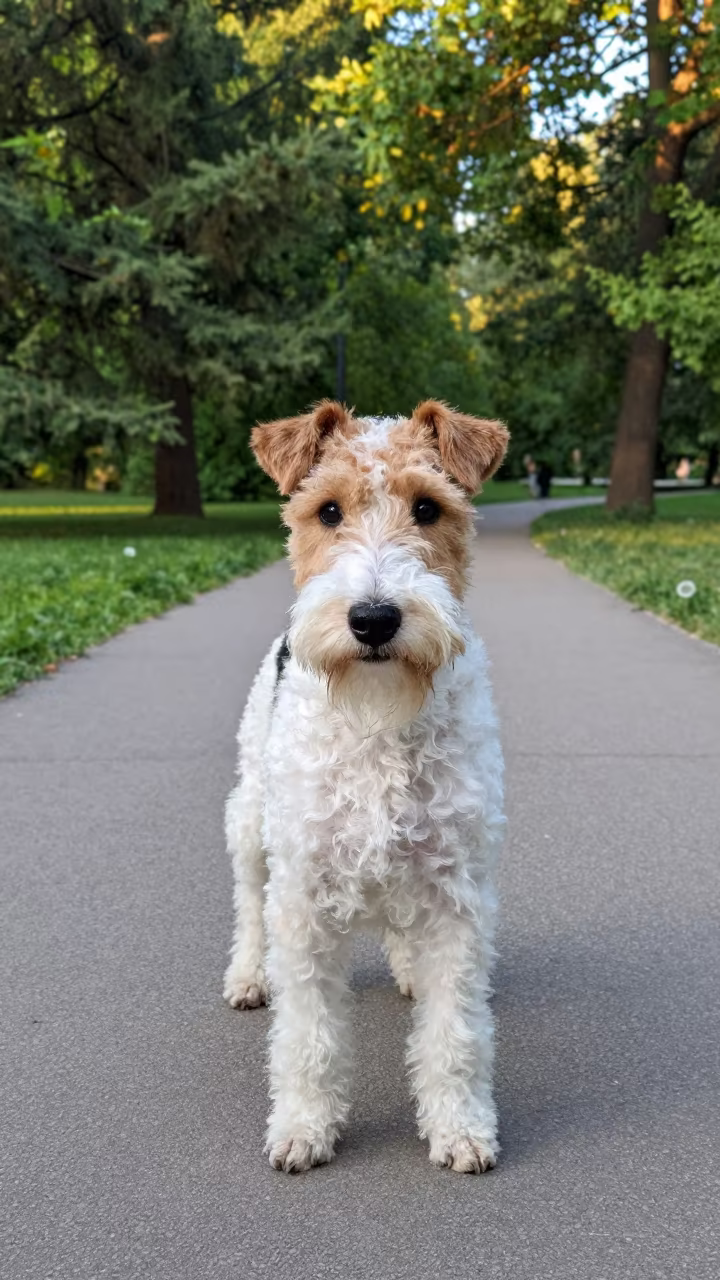 Smooth Fox Terrier Portrait Novi Sad Park Path in along a quiet park path with soft open shade and a clean background in Novi Sad