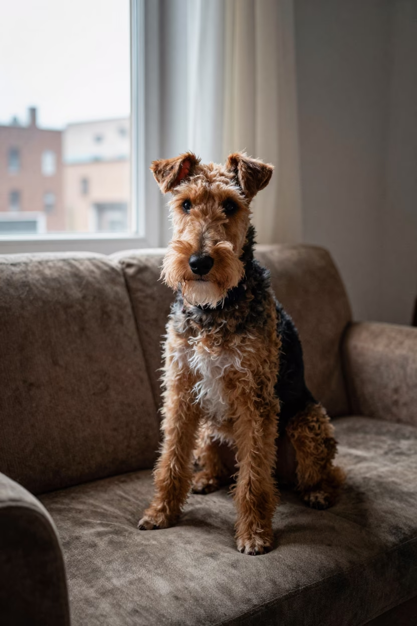Smooth Fox Terrier Portrait on Sofa Near Lima Window in on a sofa near a curtained window with calm indoor light near Lima
