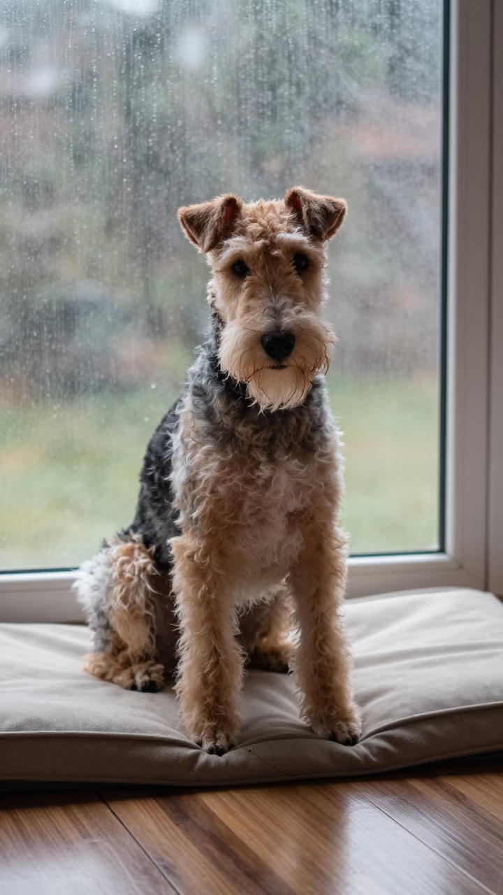 Smooth Fox Terrier Portrait on Window Seat in Bamenda in on a cushioned window seat with soft side light and an uncluttered background in Bamenda