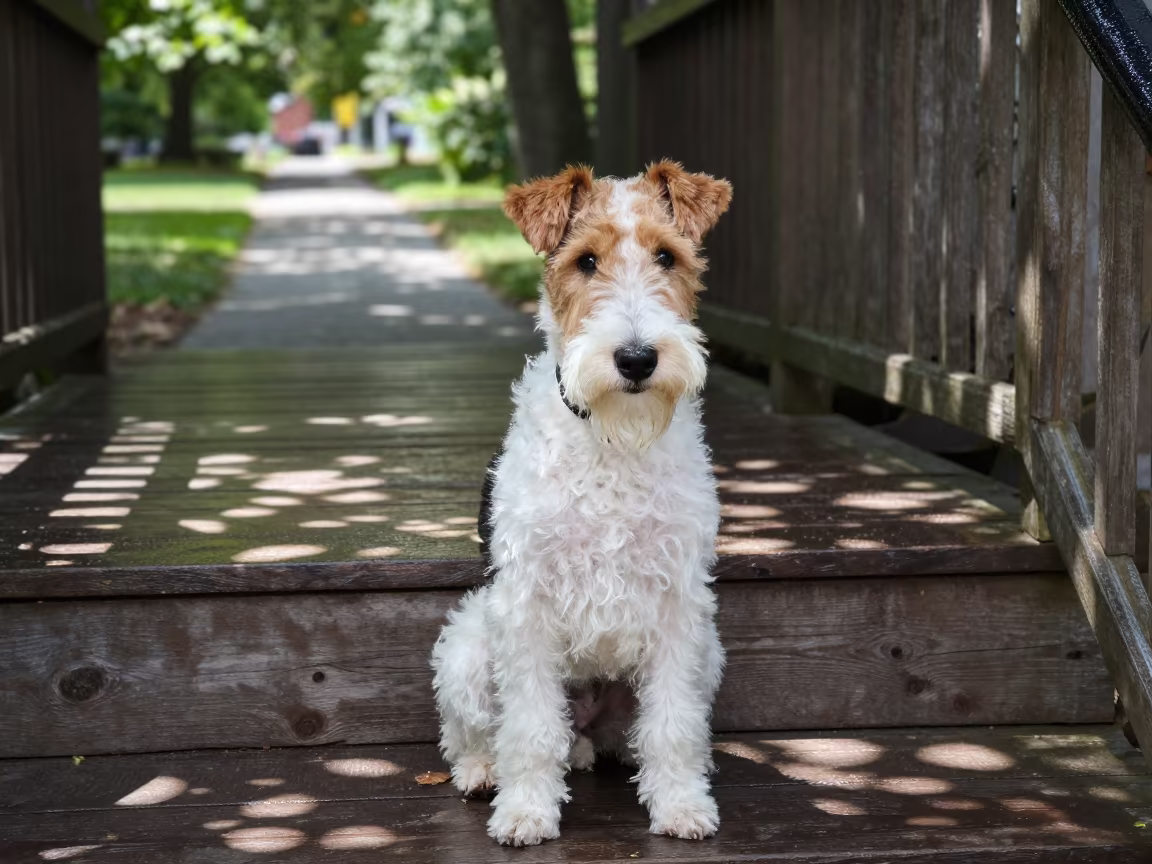 Smooth Fox Terrier Resting on Shaded Porch in Salem in along a quiet park path with soft open shade and a clean background in Salem