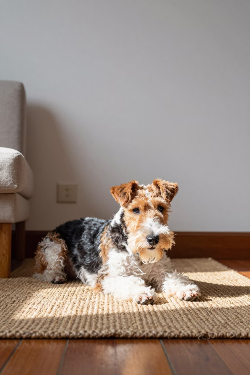 Smooth Fox Terrier Resting on Woven Rug in on a woven rug beside a low couch and an uncluttered wall in Guilin