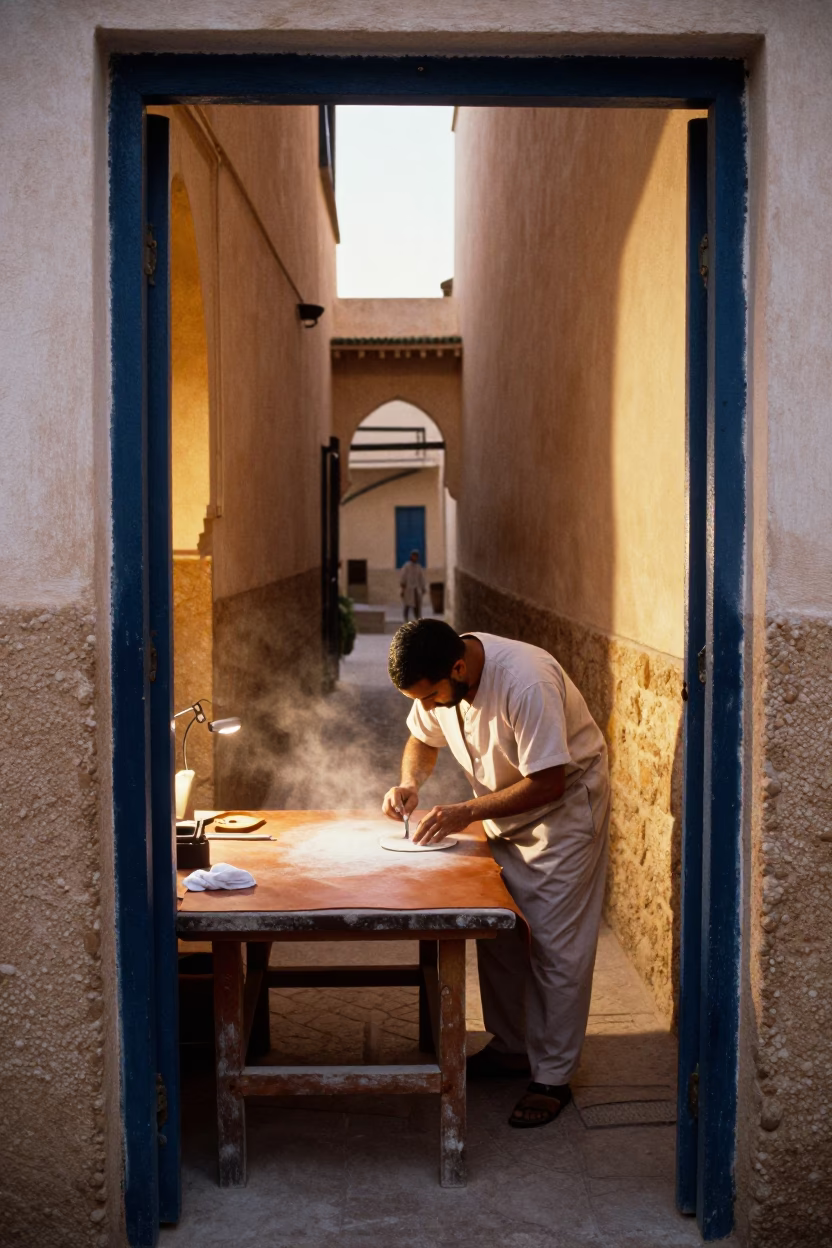 Smoothing Leather in Essaouira in in Essaouira, Morocco
