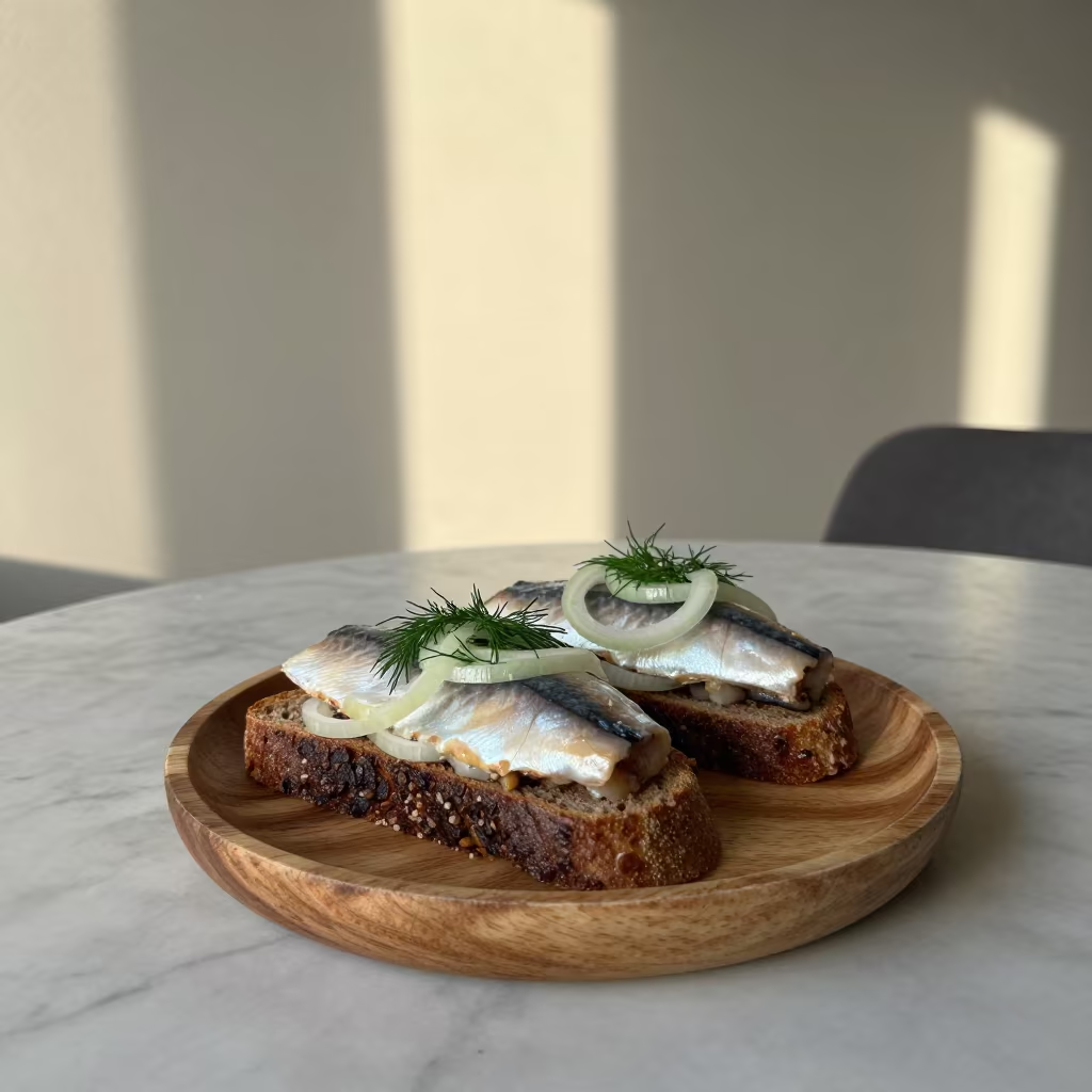 Smørrebrød Herring on Marble Cafe Table in on a marble cafe table in Chatham-Kent