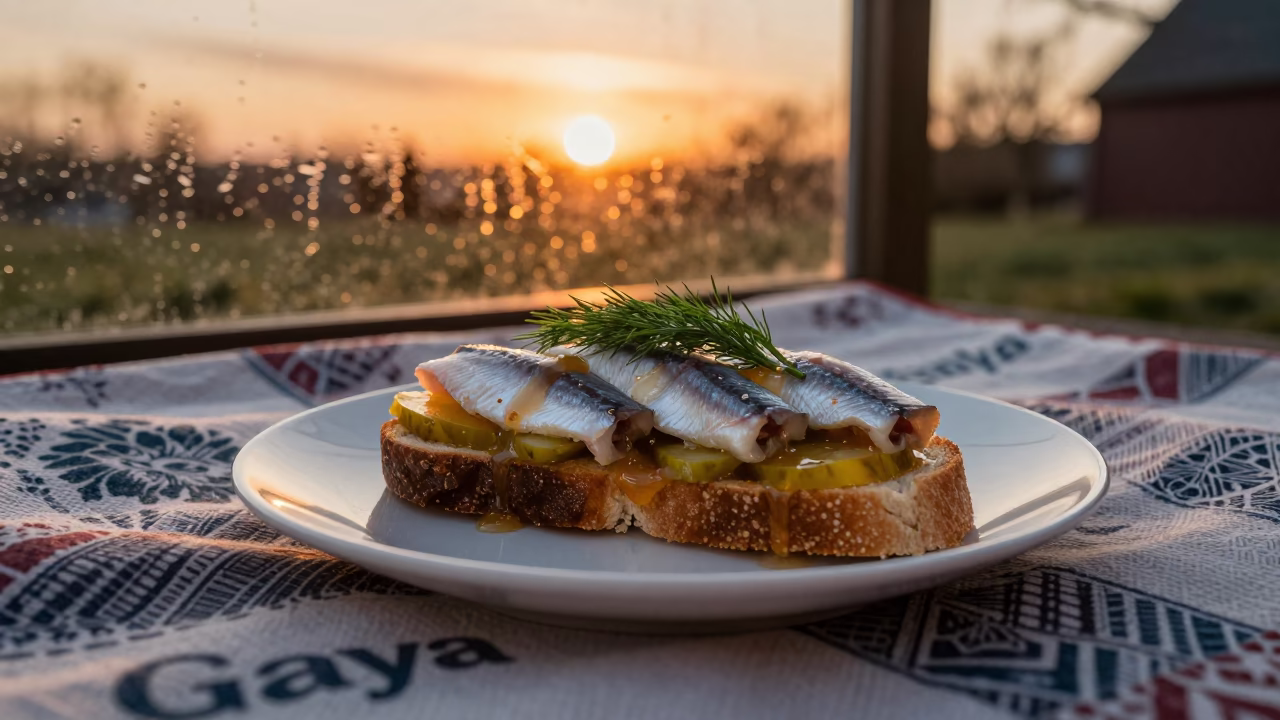 Smørrebrød Herring Picnic Gaya Amber Light in on a picnic blanket in Gaya