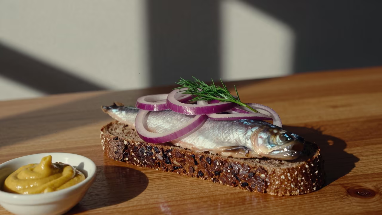Smørrebrød with Pickled Herring on Diner Table in at a roadside diner table in Zonguldak