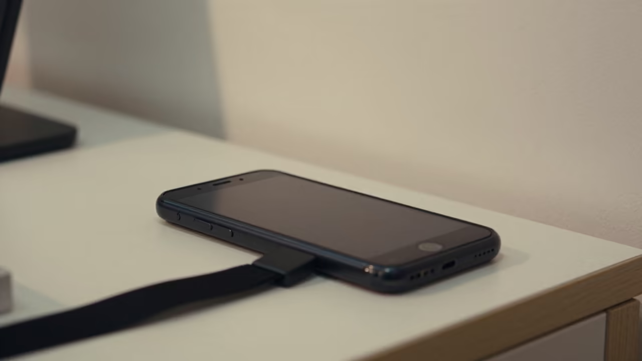 Smudged Glass Demo Phone on Security Tether in at a checkout lane under flat store light in Palma Soriano