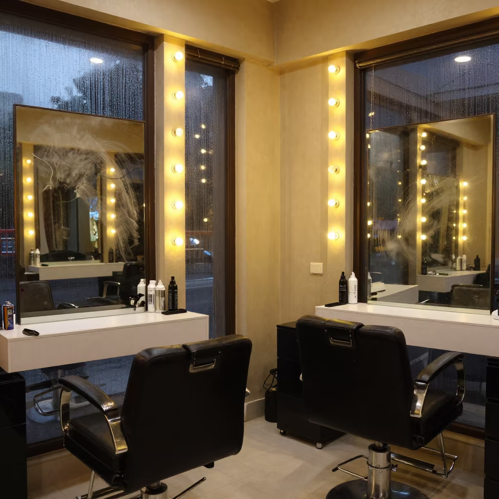 Smudged Mirror and Chair in Monsoon Night Studio in inside a nail studio in Ahmedabad