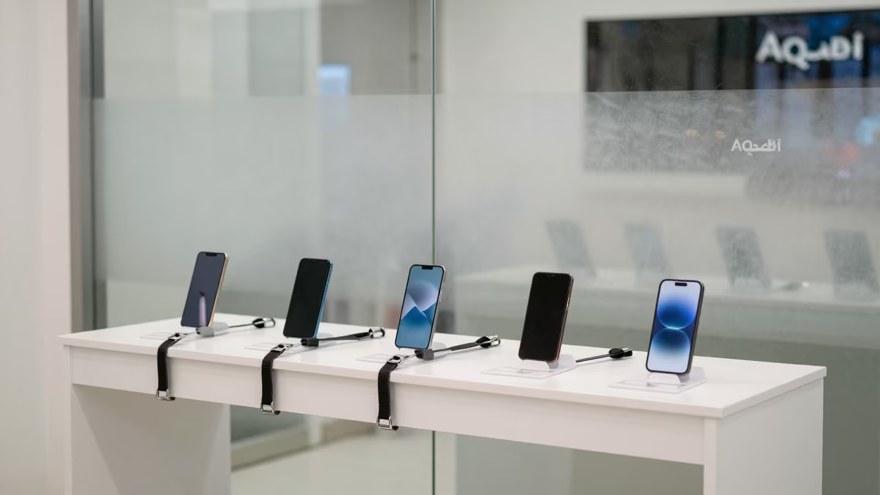 Smudged Phone Display with Security Tethers in at a checkout lane under flat store light in Aqaba