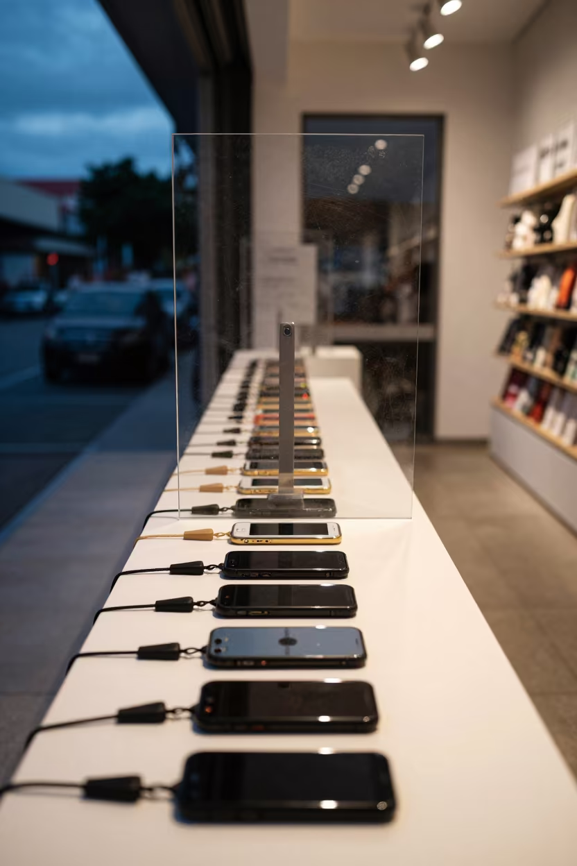 Smudged Phone Display Table in Iloilo Store in at a checkout lane under flat store light in Iloilo