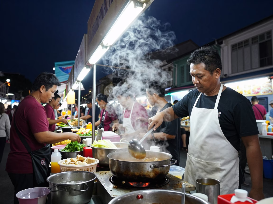 Snack Scene in George Town at Midnight Light in in George Town, Malaysia