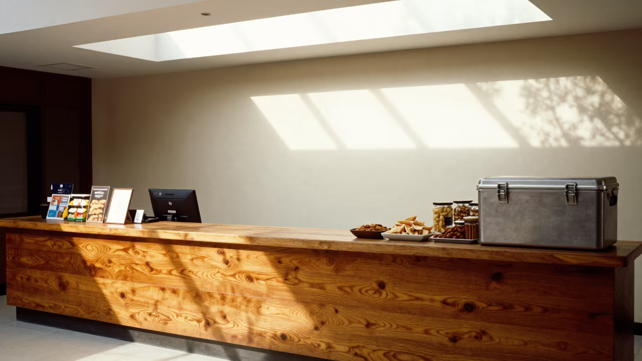 Cooler Snack Log Before Front Desk Turnover in Beijing in at a reception desk under warm light in Nanluoguxiang, Beijing