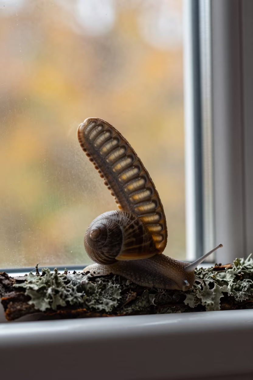 Snail Radula Teeth Macro on Autumn Bark in on lichen-covered bark in Łódź