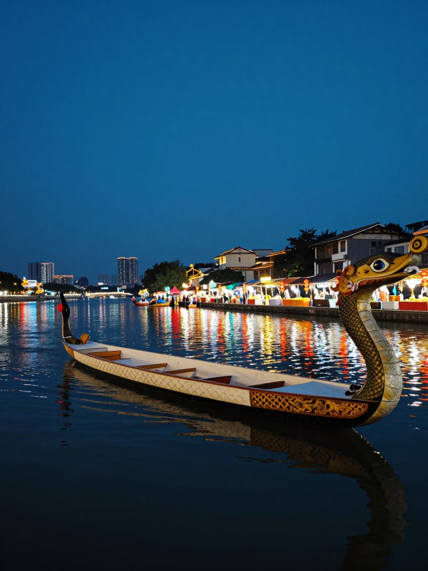 Snake Boats at Xiamen Night Market Twilight in at a night market in Xiamen