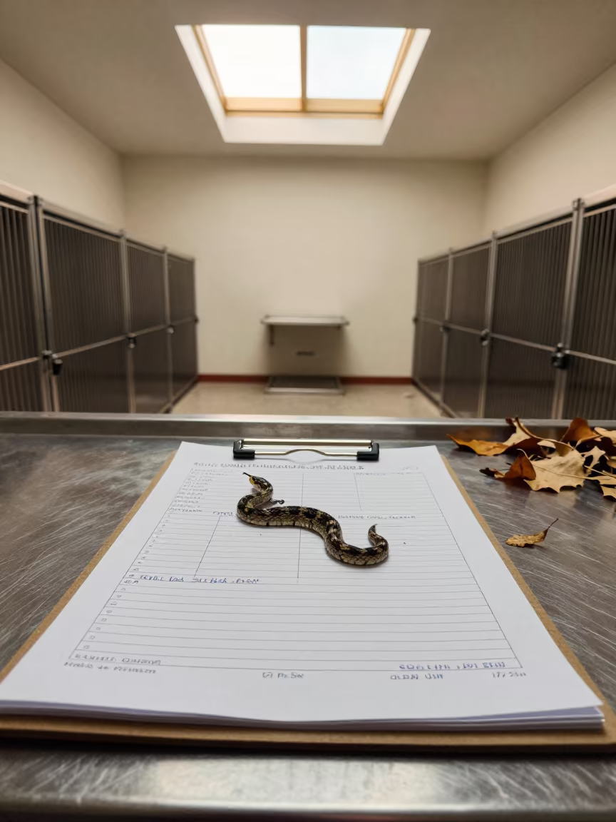 Snake Shed Record Clipboard in Salta Kennel in in a boarding kennel corridor in Salta