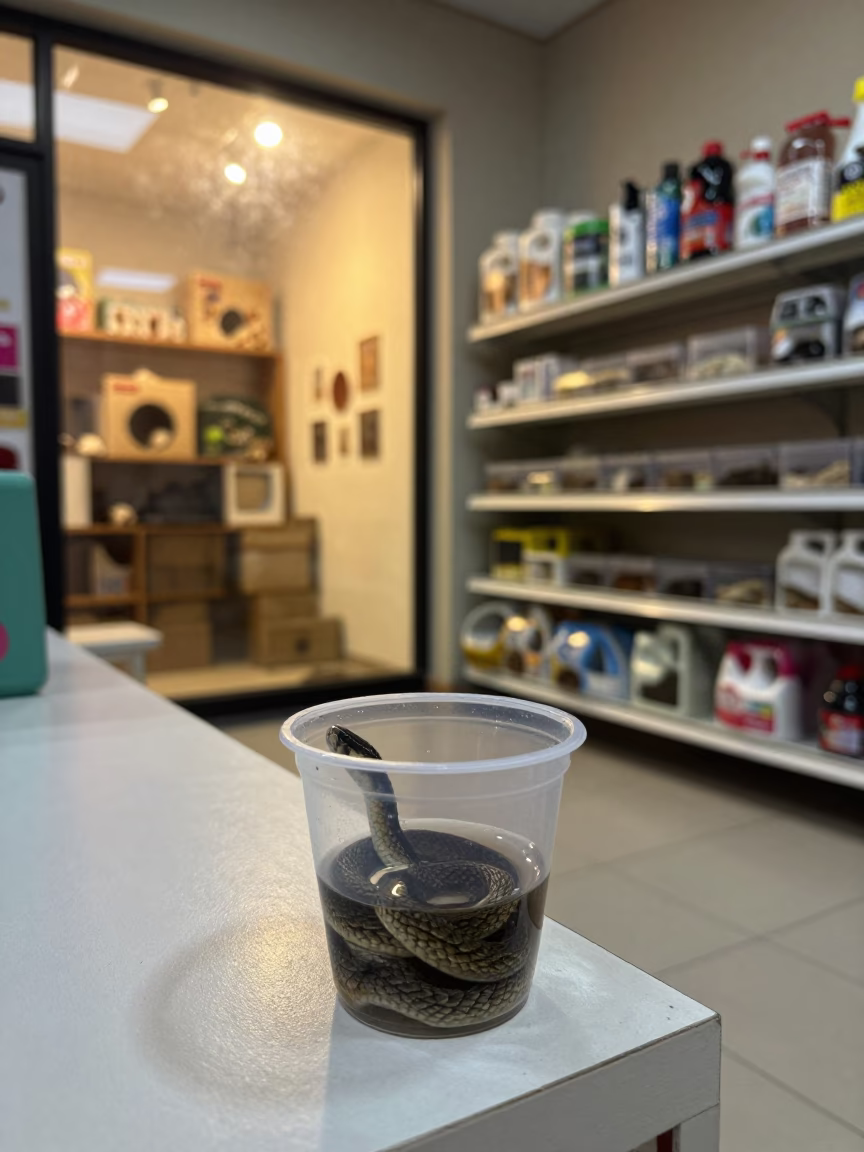 Snake Shed Tweezer Cup in Pet Store Aisle in inside a pet store aisle in Torreón