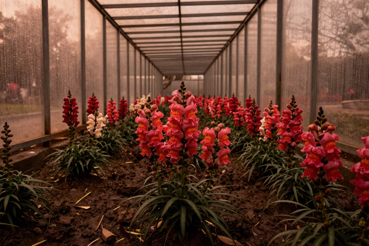 Snapdragon Border in Glass Arcade Before Dusk in inside a glass-roofed arcade near Khanewal