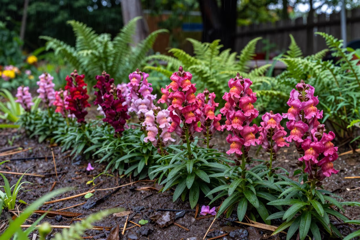 Snapdragon Row in Late Summer Rain Near Sendai in on a fern-lined forest floor near Sendai