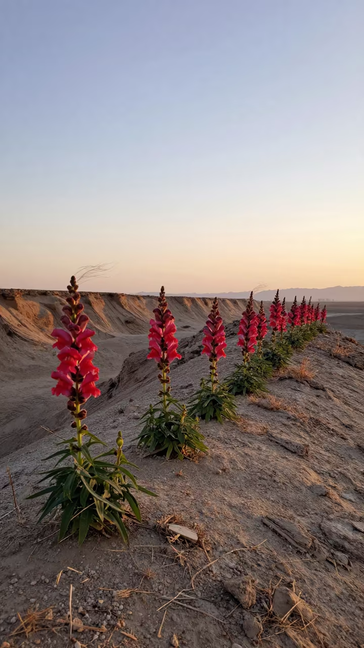 Snapdragon Row Along Salt Sprayed Cliff Edge in along a salt-sprayed cliff edge near Ashgabat