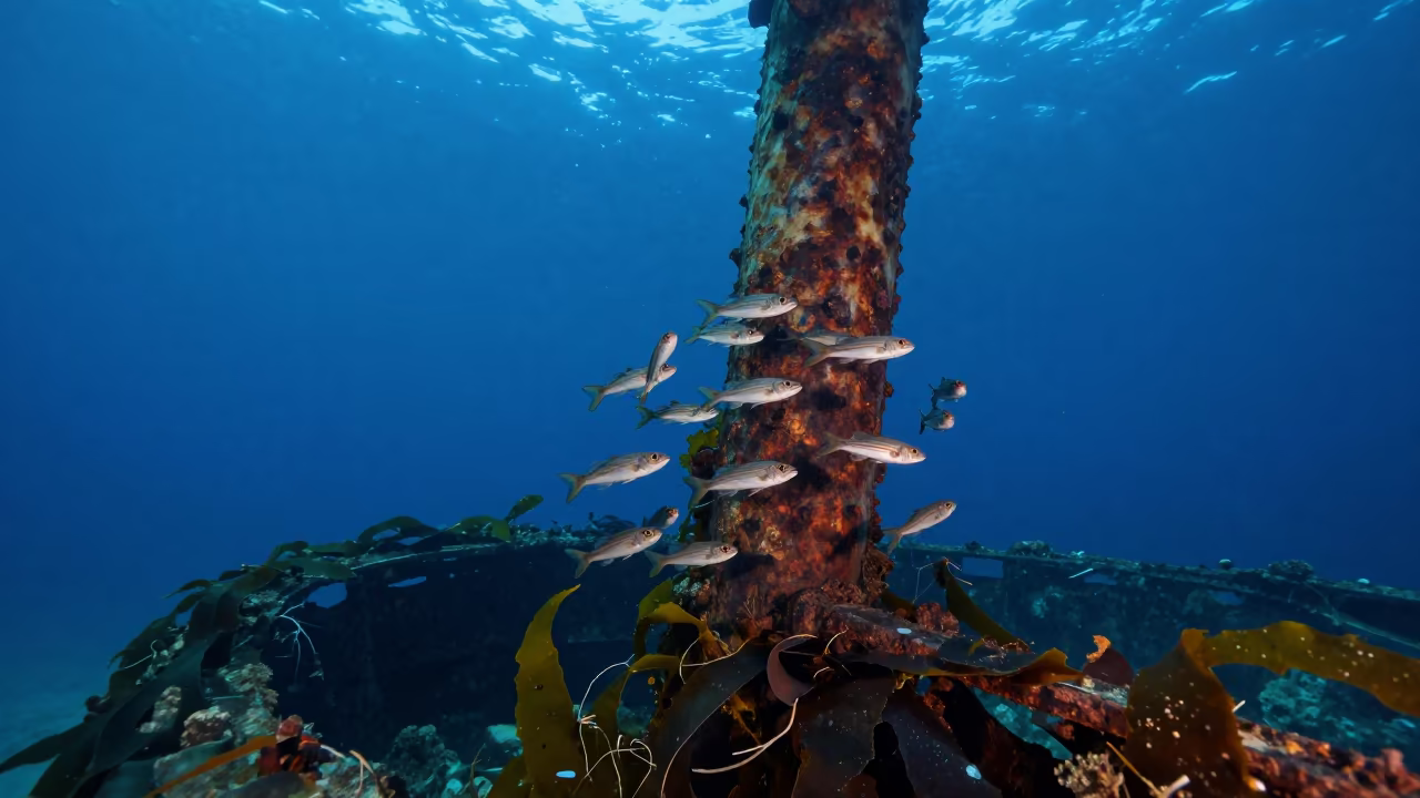 Snappers Circle Wreck Mast in Haifa Twilight in along a kelp-fringed shelf near Haifa