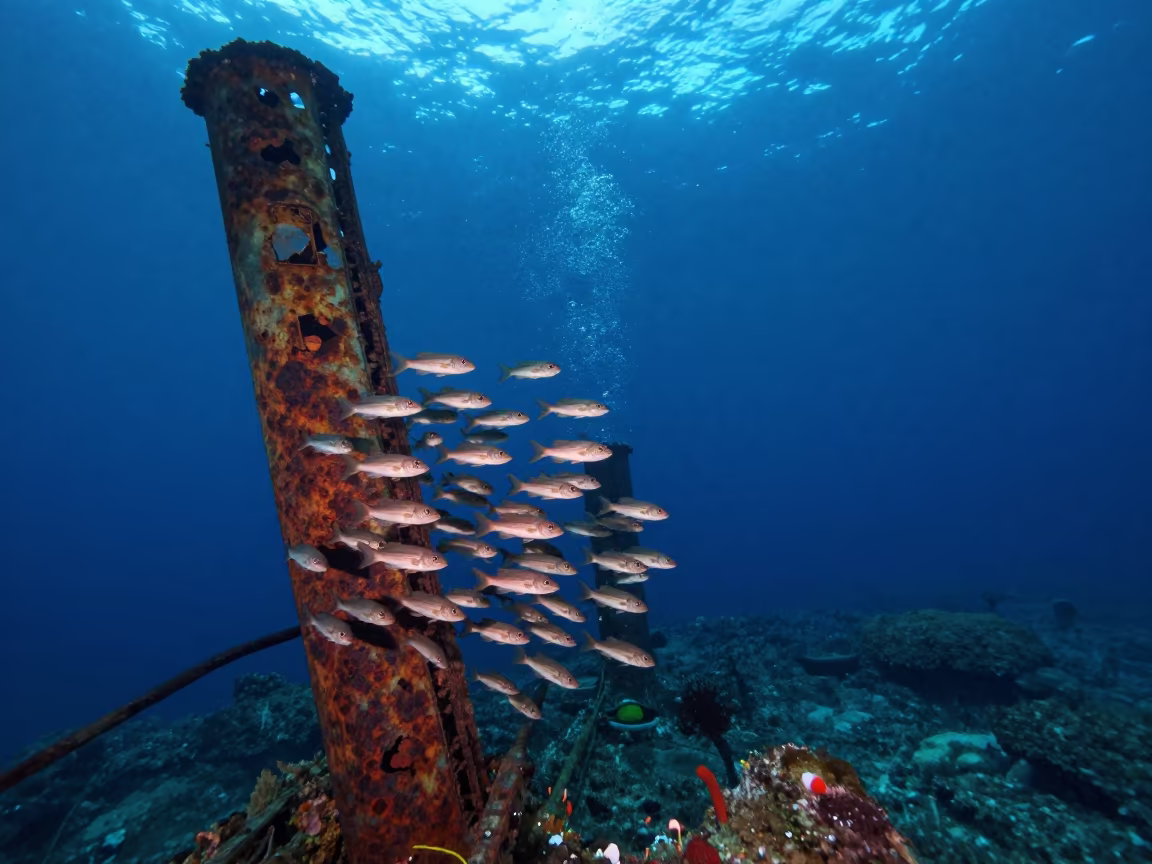 Snappers Swirl Around Shipwreck Mast in Croatian Waters in beside a volcanic drop-off in Croatia