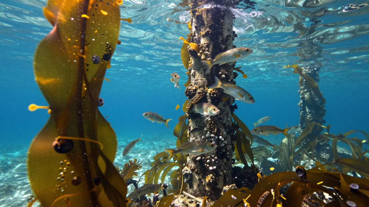 Snappers Swirl Around Kelp Forest Shipwreck Mast in through a forest of kelp fronds in Croatia