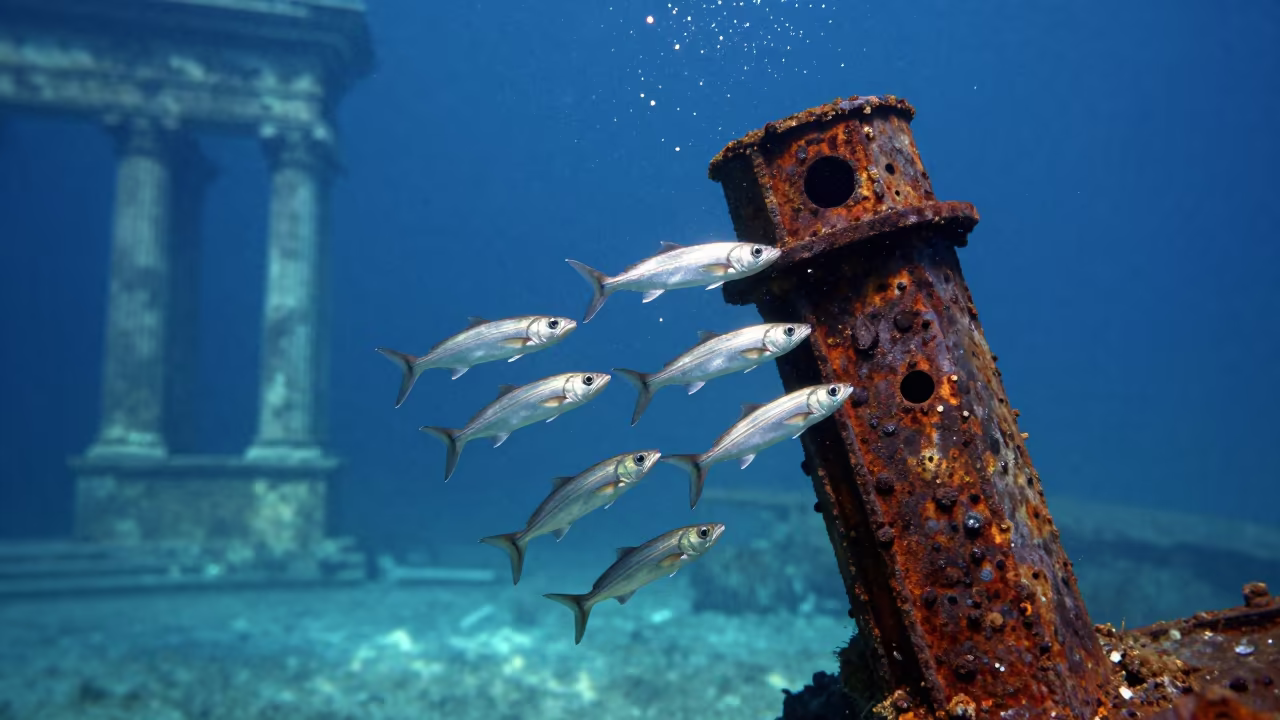 Snappers Swirl Around Shipwreck Mast Under Starlight in near Diocletian's Palace, Split