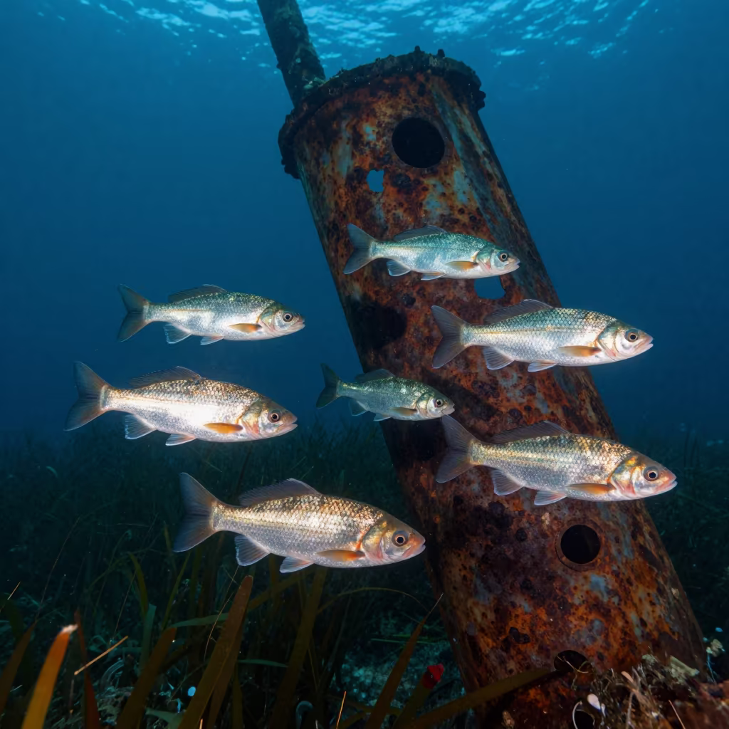 Snappers Swirl Around Shipwreck Mast in Winter Waters in above a seagrass meadow near Vancouver