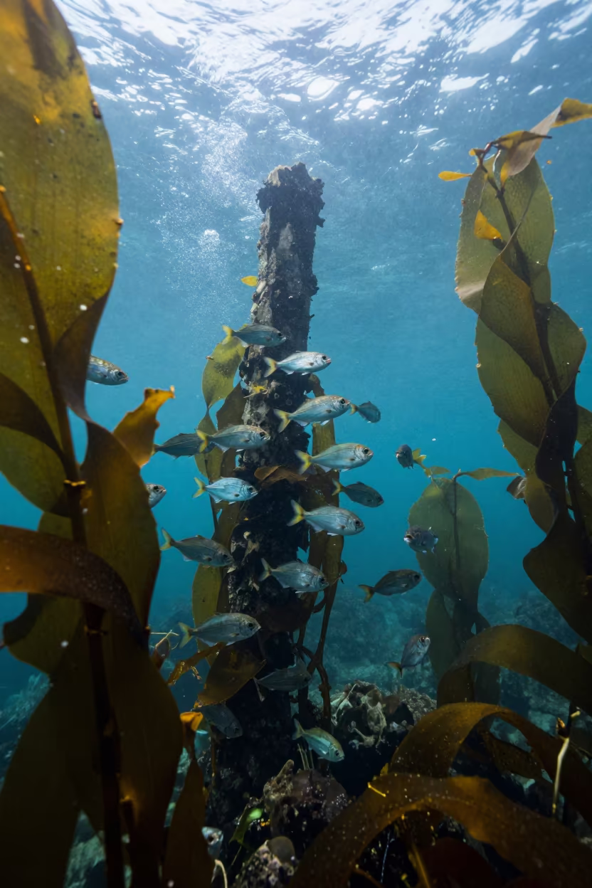 Snappers Swirling Around Wreck Mast Kelp Forest in through a forest of kelp fronds near Vancouver