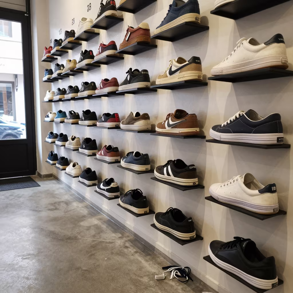 Sneaker Display Wall With Size Markers And Laces in inside a storefront display zone in Diyarbakir