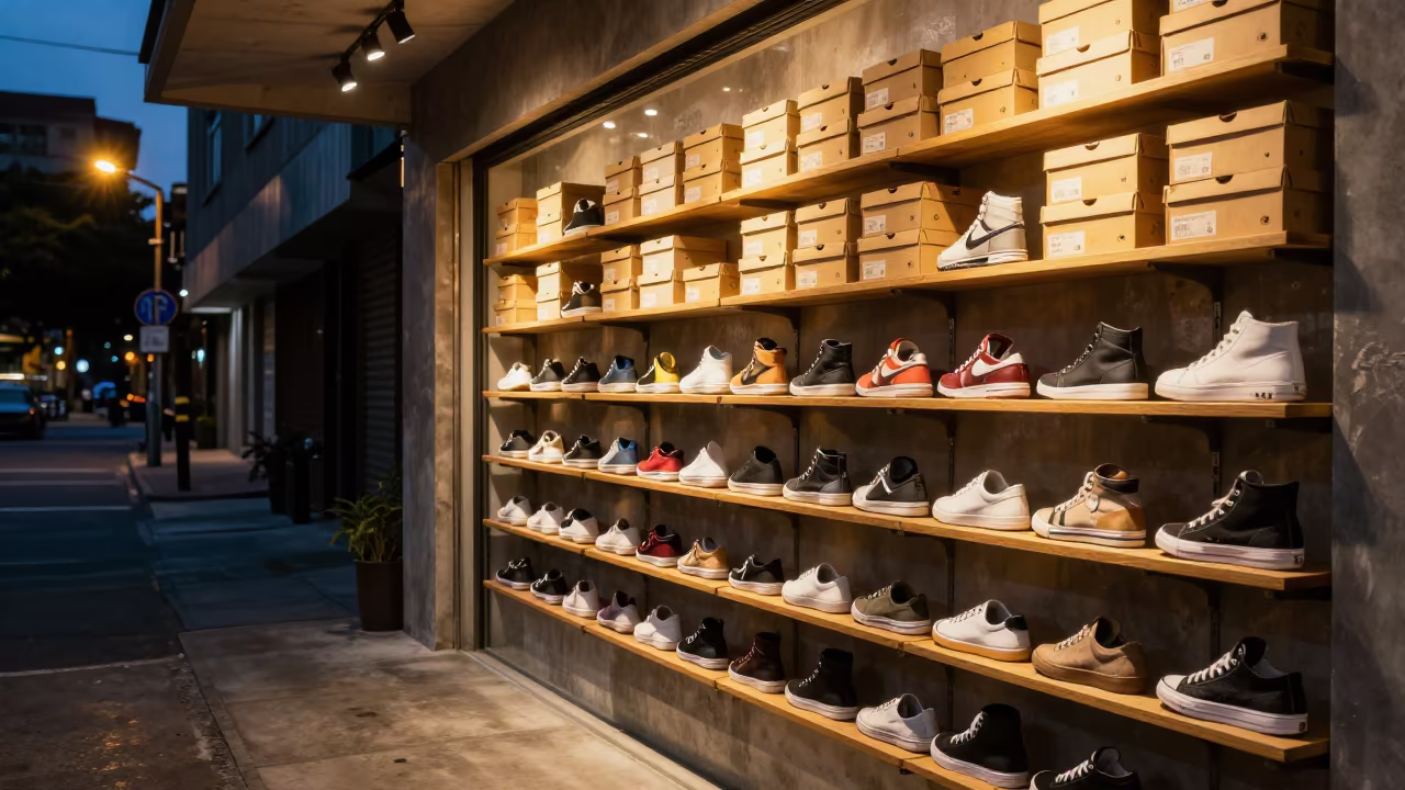 Sneaker Wall Display at Dusk in Tainan Stockroom in inside a stockroom behind the sales floor in Tainan