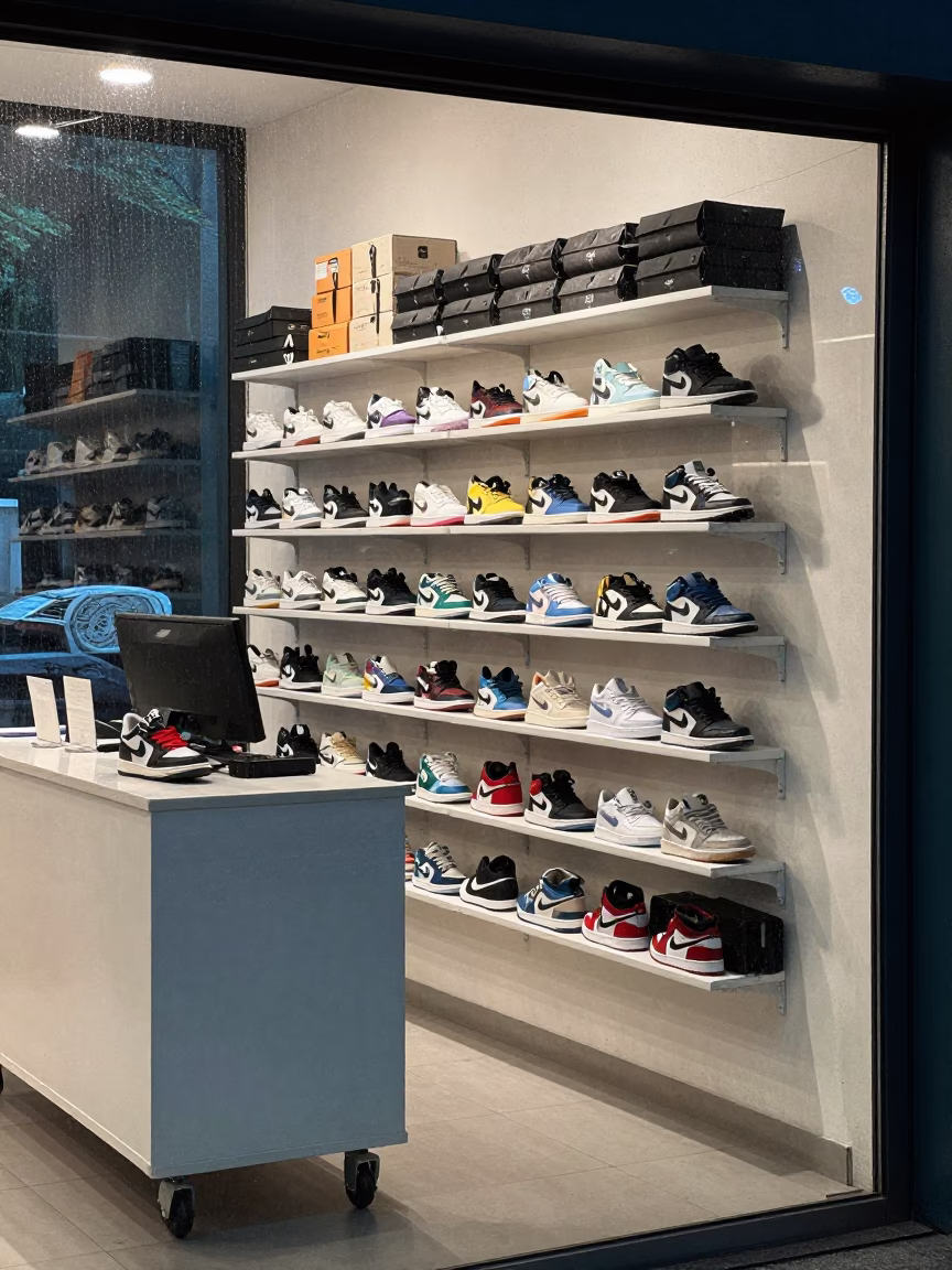 Sneaker Wall Display at Retail Cash Wrap Dusk in at a cash wrap counter with bags stacked nearby in Ahmedabad