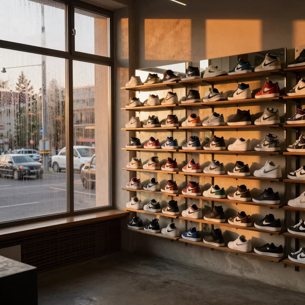 Sneaker Wall Mirror Amber Light Stockroom in inside a stockroom behind the sales floor near Yekaterinburg
