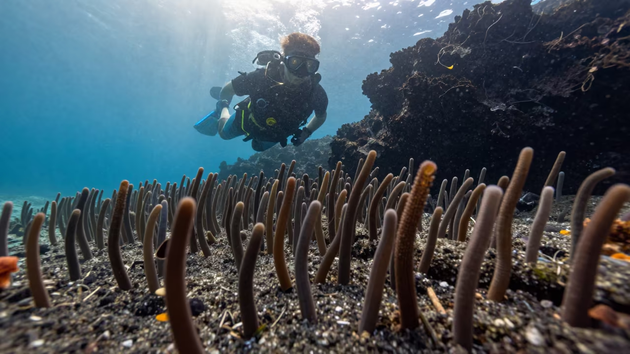 Snorkeler Above Garden Eels Before Sunrise in beside a volcanic drop-off near Salvador