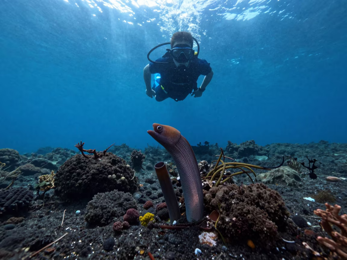 Snorkeler Above Garden Eels Near Lisbon Volcano in beside a volcanic drop-off near Intendente, Lisbon