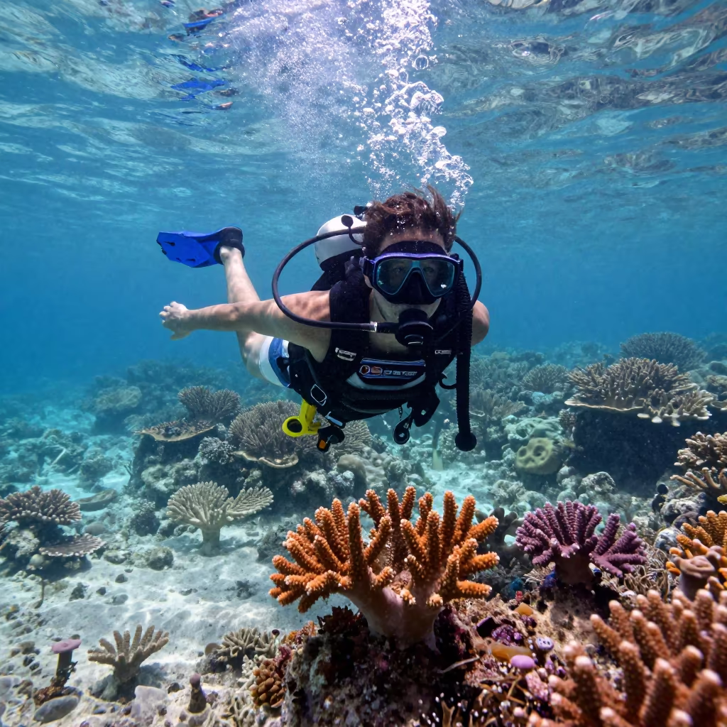 Snorkeler Above Shallow Coral Garden Bali in beneath a reef ledge in tropical shallows near Denpasar