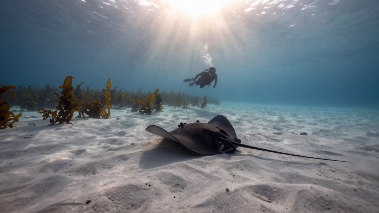 Snorkeler Drifting Over Stingray in Durban Winter Dawn in along a kelp-fringed shelf near Durban